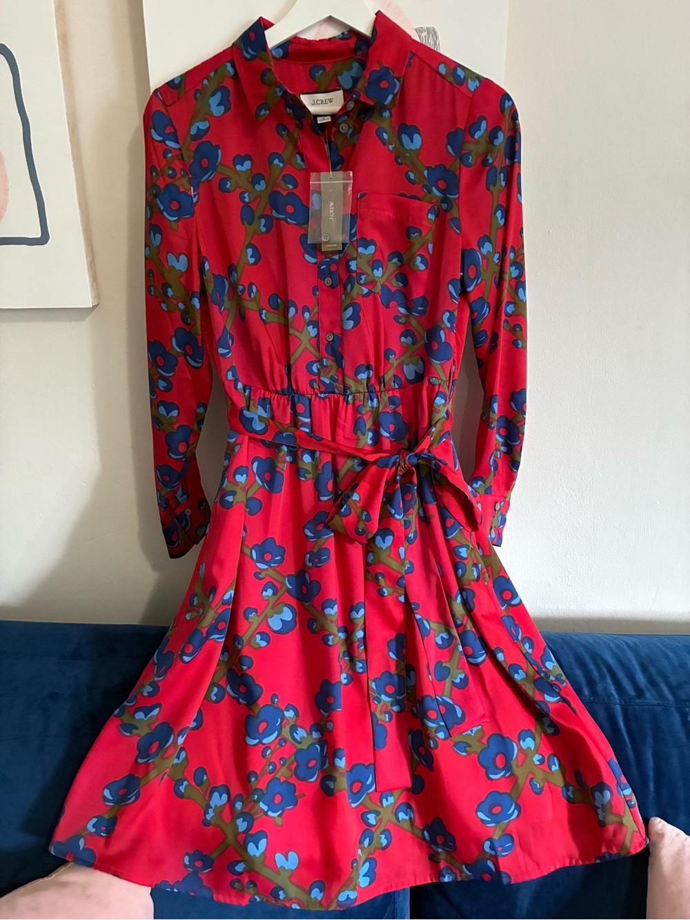 J. Crew Collection Bright Red Floral Long-Sleeve Shirt Dress with Waist Tie